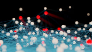 Vernetzte weiße und rote Kugeln, verbunden durch dünne Linien auf dunklem Hintergrund